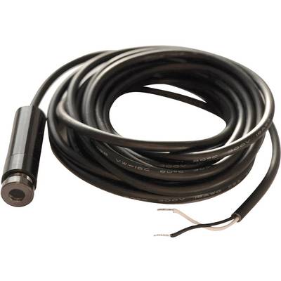 A long, black cable with exposed wires at one end and a cylindrical plug at the other end.