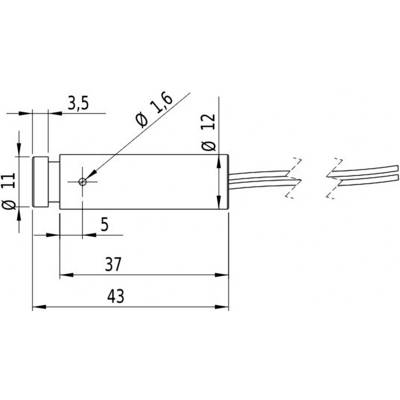 Diagram of a cylindrical electronic component with dimensions: length 43 mm, diameter 11 mm, cable connections on the right.