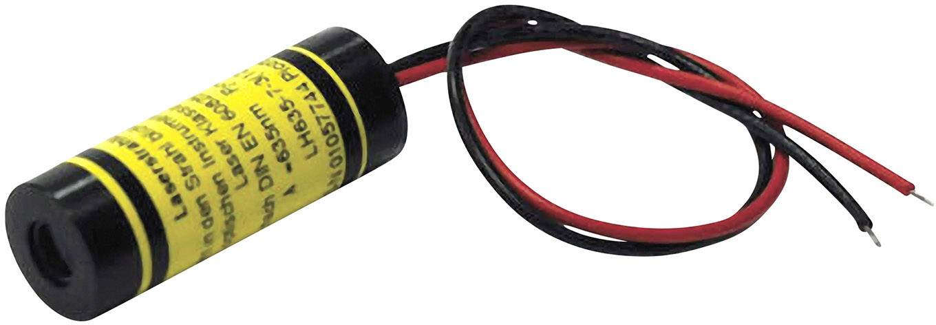 A small cylindrical laser with a yellow warning label and two protruding cables, one black and one red.