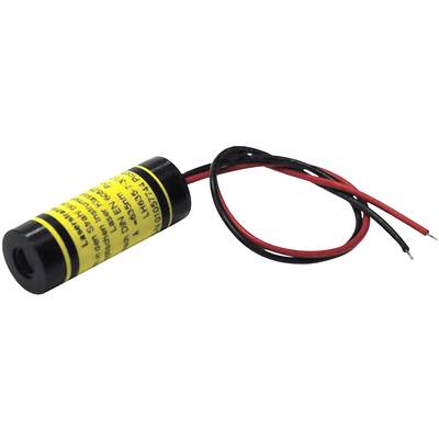 A small cylindrical laser with a yellow warning label and two protruding cables, one black and one red.
