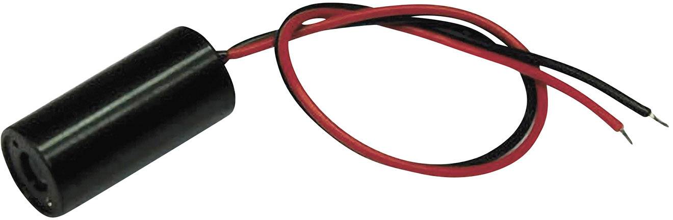 A cylindrical black sensor with red and black cables for power supply or signal transmission. Suitable for technical applications.
