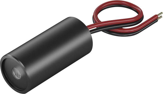 Black cylindrical sensor with two red and black wires for electrical connection. Suitable for electronic applications.