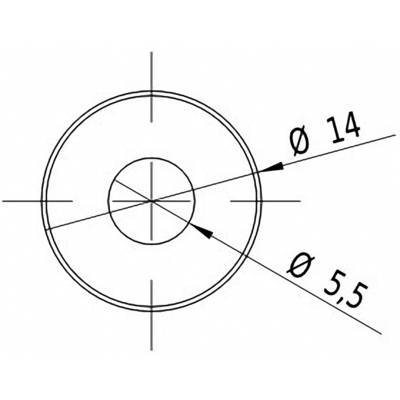 Technical drawing of a circle with internal and external diameters. Internal: Ø 5.5. External: Ø 14. Lines mark the centres.