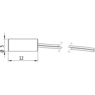 Technical drawing of a cylinder with dimensions 12 mm length and 5 mm diameter, connected with two wires.