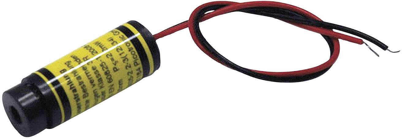 A cylindrical laser with a yellow label and red and black cables.