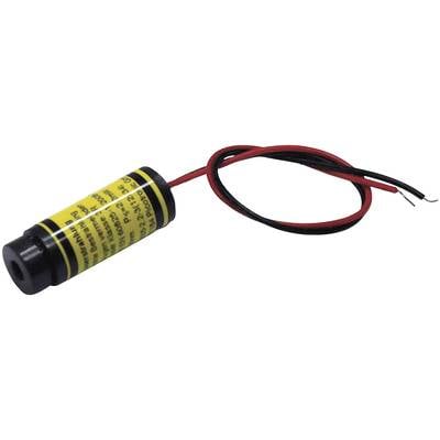 A cylindrical laser with a yellow label and red and black cables.