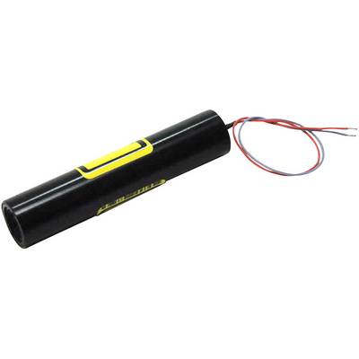 A cylindrical black laser pointer with yellow accents and two protruding cables, one red and one blue.
