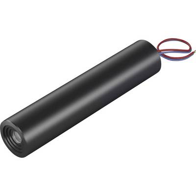 A black cylindrical speaker with blue and red cables at the end.