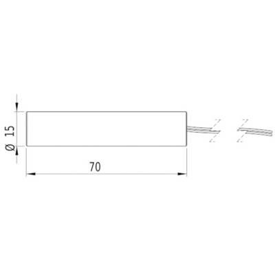 Technical drawing of a cylindrical component with dimensions Ø 15 mm and length 70 mm, with two cable outlets on the right.