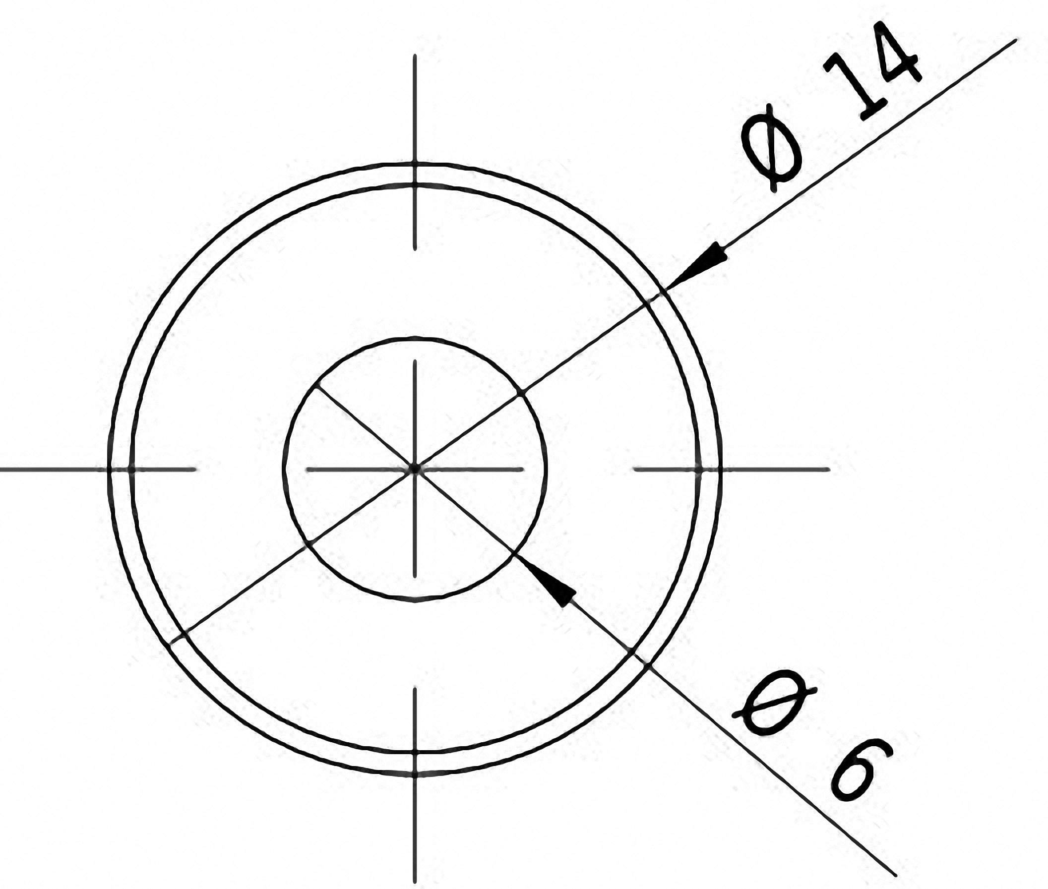 Technical drawing of a circle with two diameters: External Ø 14, internal Ø 6. Lines indicate the diameters.