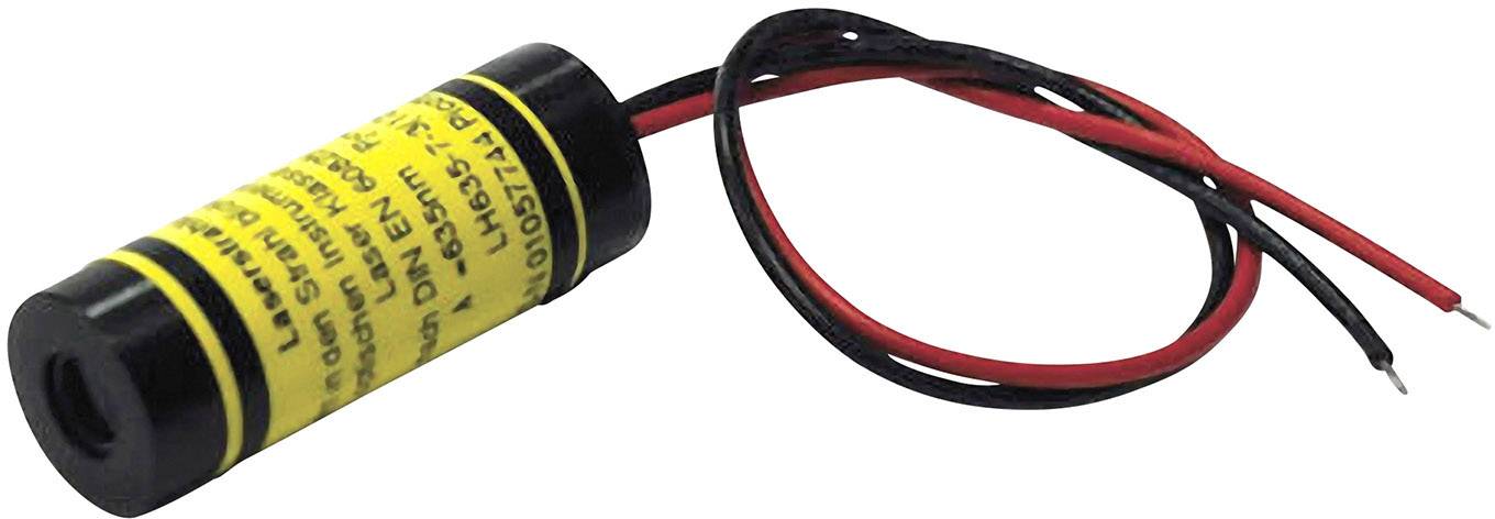 A cylindrical laser with a yellow warning sticker and two connected cables, one red and one black.