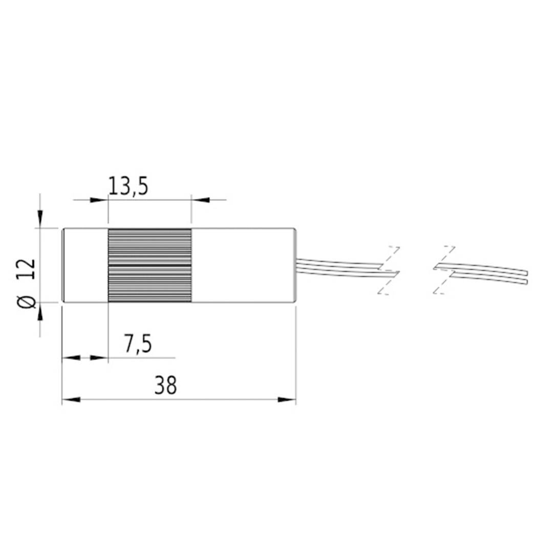 Technical drawing of a cylindrical component, length 38 mm, diameter 12 mm, with dimensional annotations 13.5 mm and 7.5 mm.