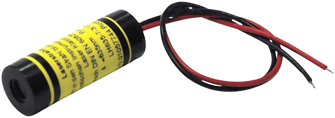 A small laser with a yellow warning sticker, red and black wire for electrical connection.