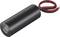 A black, cylindrical battery with two protruding, insulated wires in red and black.