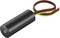 Black cylindrical electric motor with three protruding wires in red, black, and yellow, on a white background.