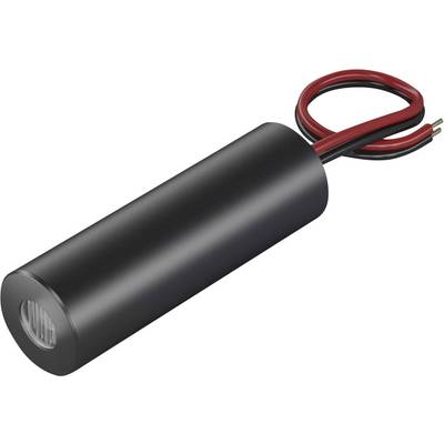 A cylindrical, black electronic component with red and black wires protruding from one end.