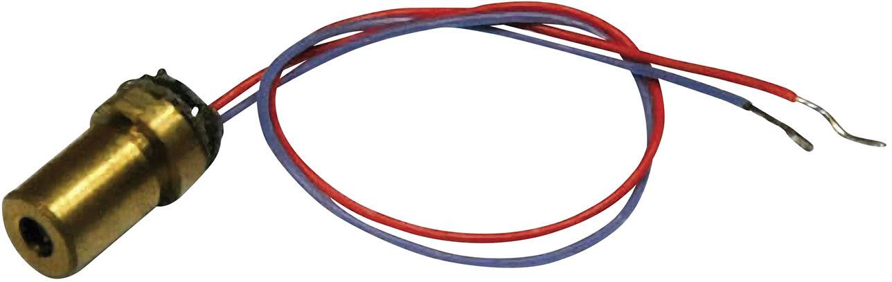 A small round laser module with two connected wires, one red and one blue, for connection to a power source.