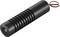 A black cylindrical laser pointer with red and black cables on a white background.