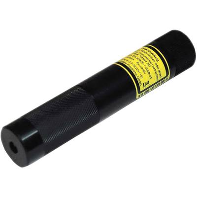 Black laser pointer with yellow safety warning label containing safety information.