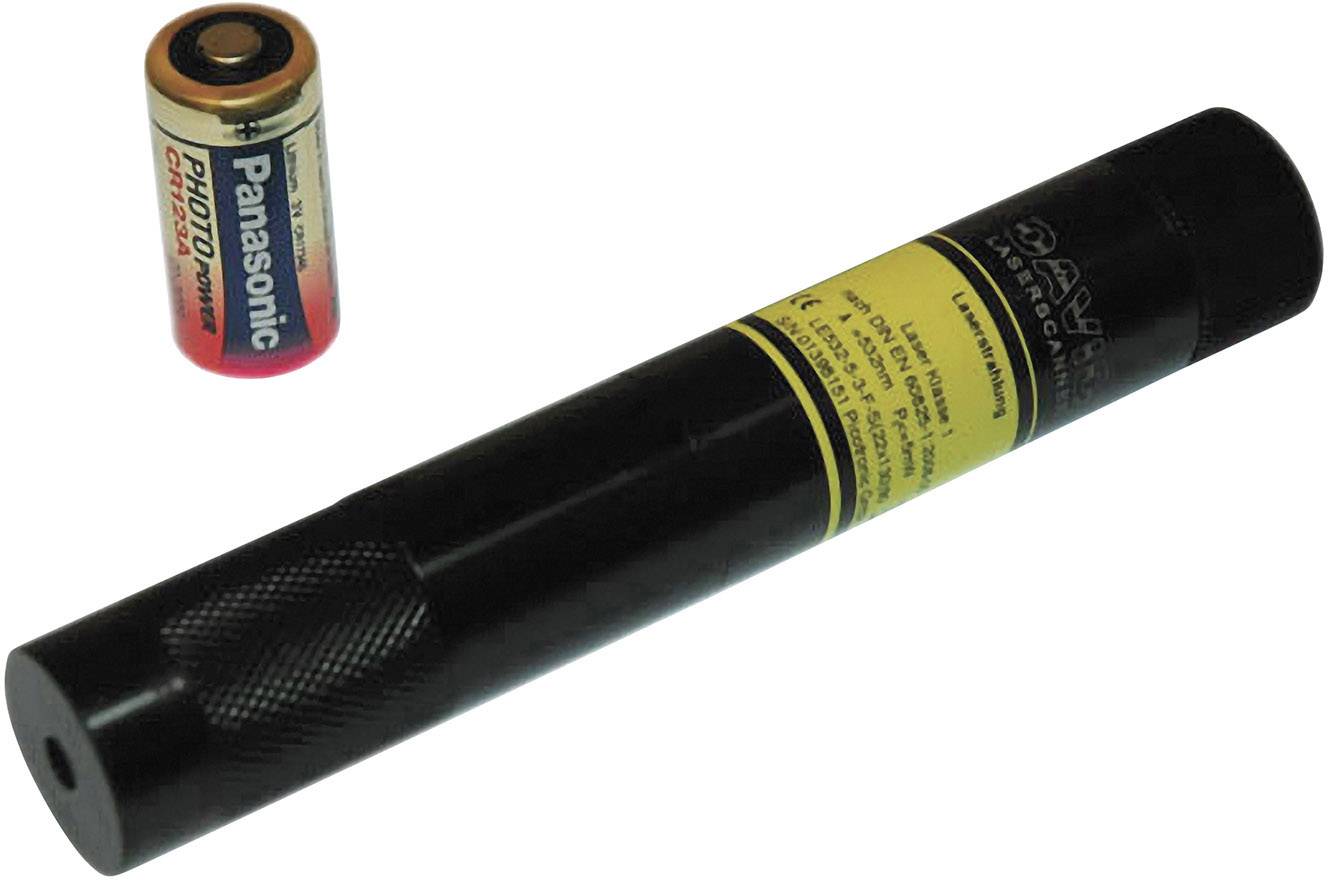 'A black laser pointer with a yellow warning sticker lies beside a Panasonic AA battery.'