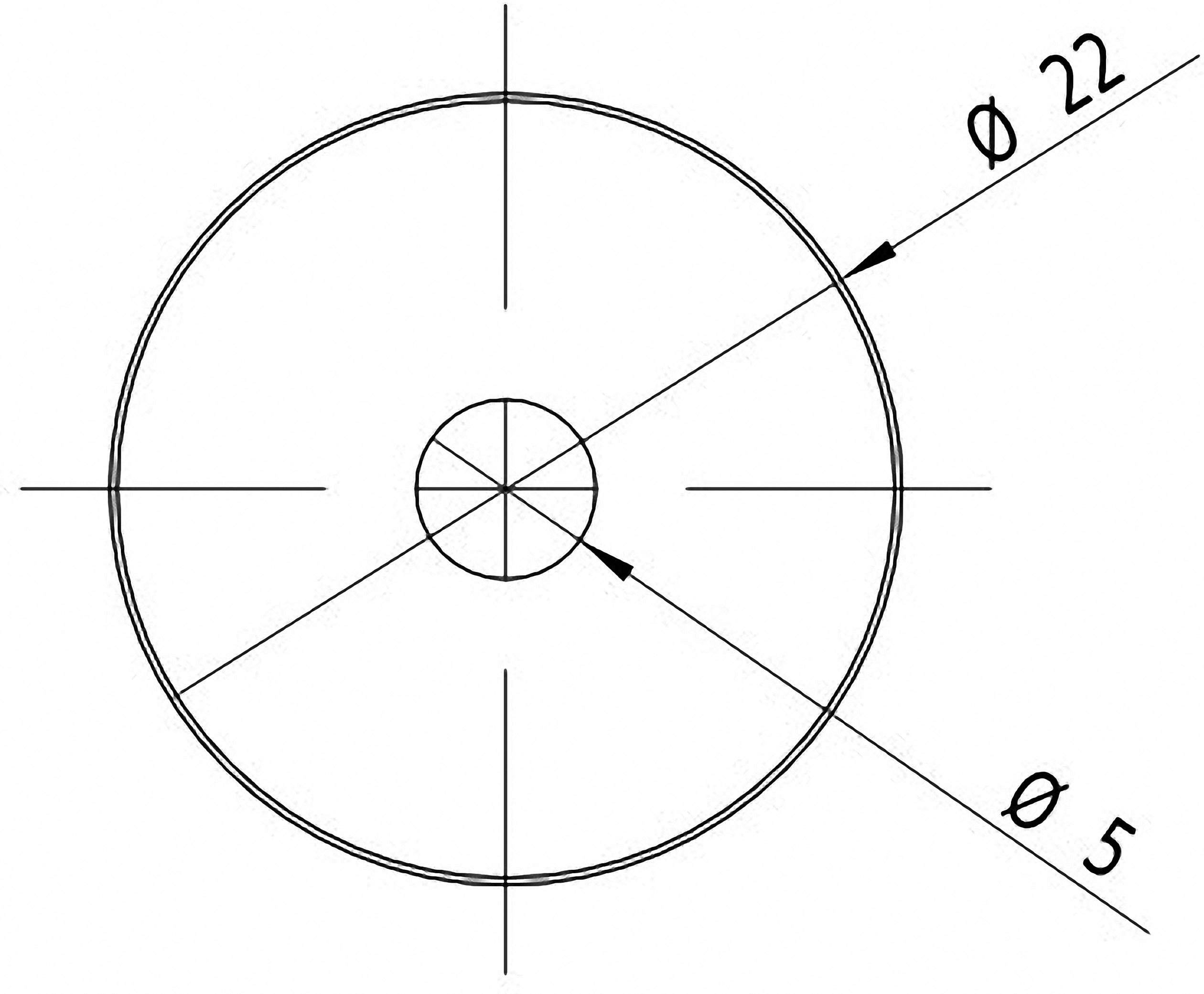 Technical drawing of a circle with two diameters: the outer diameter is Ø 22 and the inner diameter is Ø 5.