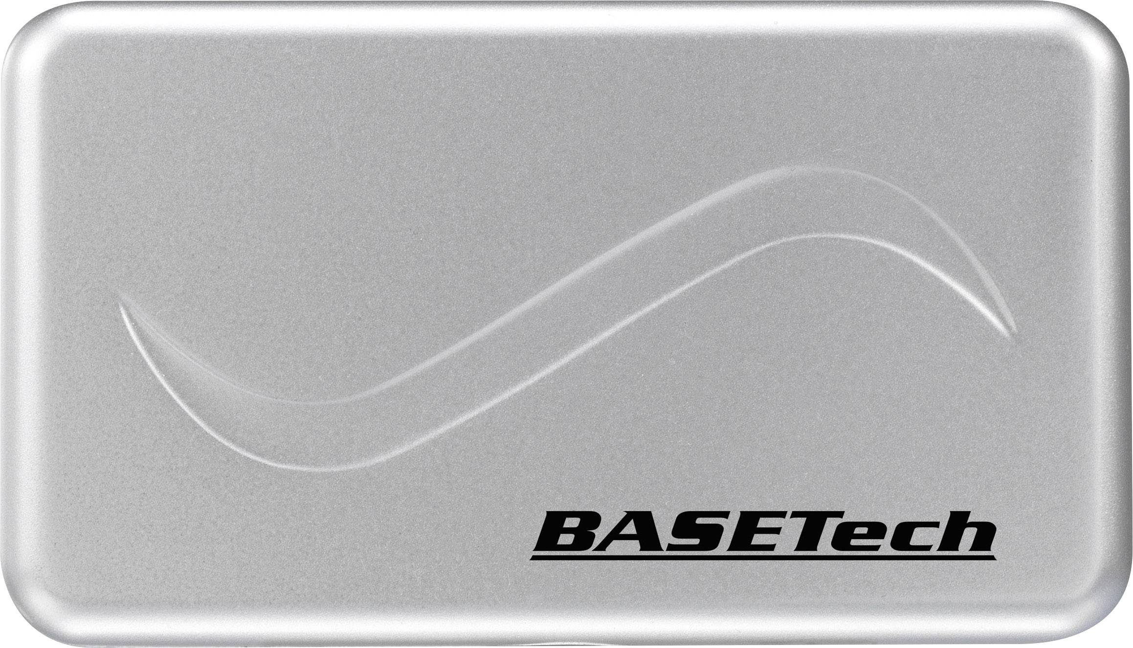 Silver hard drive enclosure with BASEtech logo in the bottom right, curved line on the surface as a design element.