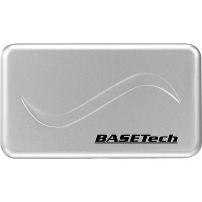 Silver hard drive enclosure with BASEtech logo in the bottom right, curved line on the surface as a design element.