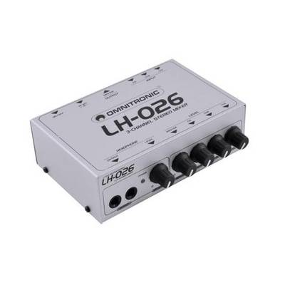 Omnitronic LH-026 3-Channel Stereo Mixer with four rotary controls and two headphone sockets on the front panel.
