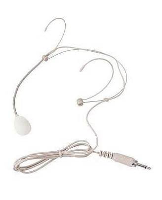 A flesh-coloured headset microphone with a 3.5mm jack plug, suitable for presentations or stage performances.