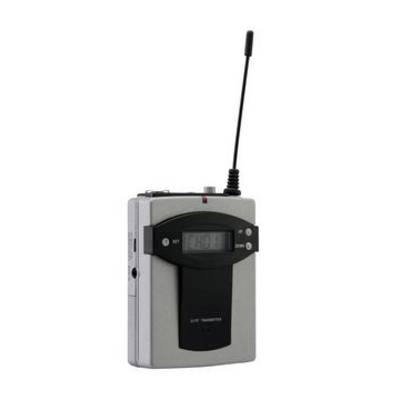 Portable audio transmitter with digital display, antenna, and connection ports, primarily used for wireless sound transmission.