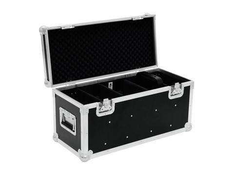 An open, black transport case with silver edges and handles. The lid is raised, and the interior features multiple compartments.