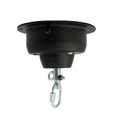 Black metal ceiling mount with suspension hooks for lighting.