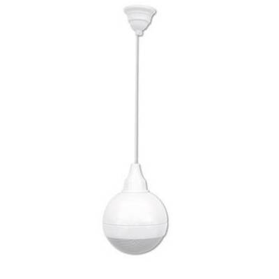 White hanging pendant light in a spherical shape with a grey stripe, hanging from a long white cord, against a white background.