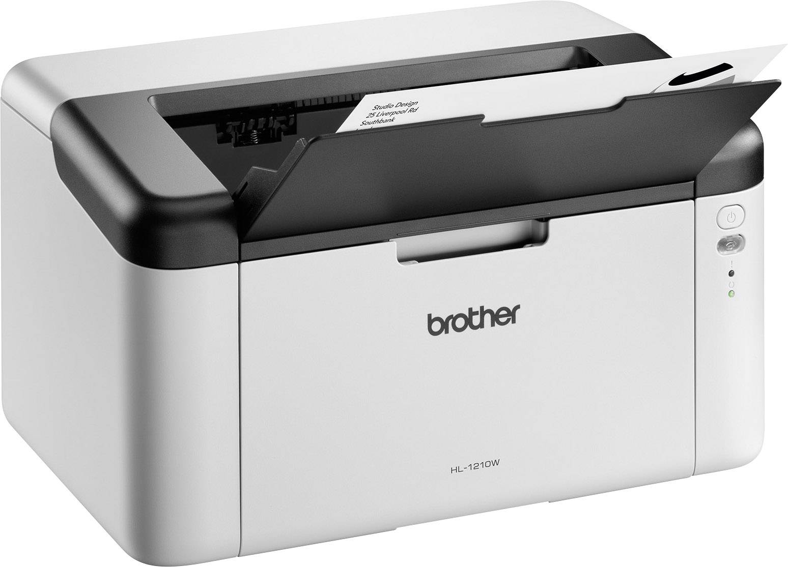 A white Brother printer with a sheet of paper in the output tray. It is controlled via a small indicator light on the side.