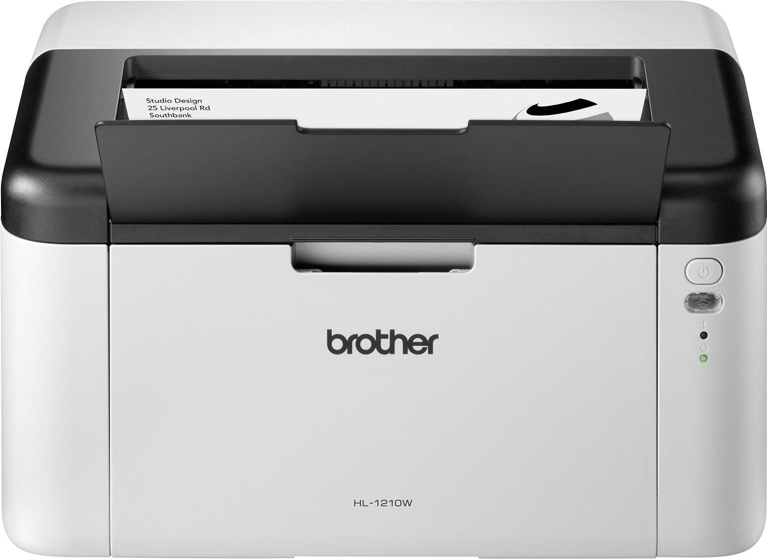 A white Brother printer with a black upper border. A sheet of paper is visible in the output tray.