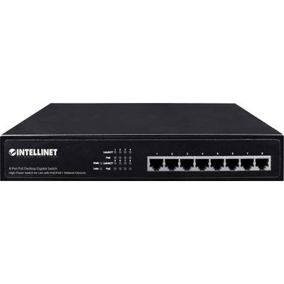 Black 8-Port PoE Network Switch by Intellinet, suitable for PoE/PoE+ network devices. Front panel with Ethernet ports and LEDs.