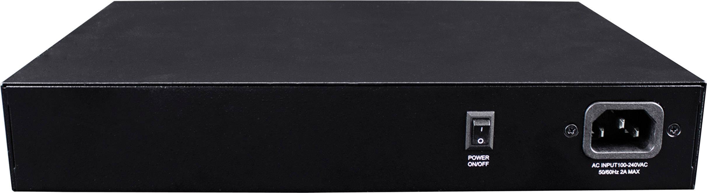 A black network device with a power switch and a power cable socket on the back.