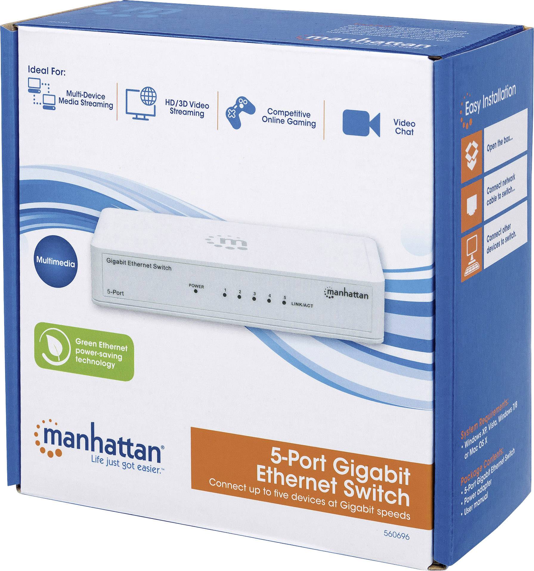 Packaging of a 5-Port Gigabit Ethernet Switch by Manhattan, suitable for HD streaming and online gaming.