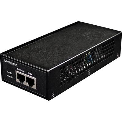 Black network PoE switch with two Ethernet ports, labelled 'PoE/Data' and 'Data'. A brand logo is located on the left.