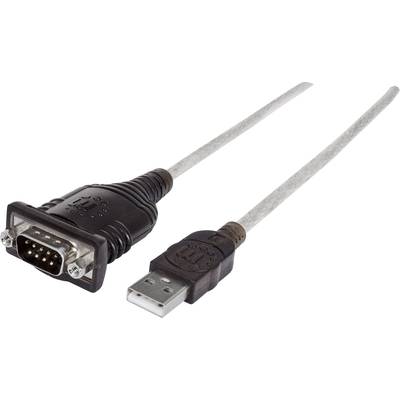 USB to Serial Cable with USB connector on one end and 9-pin serial connector on the other end, used for device connectivity.
