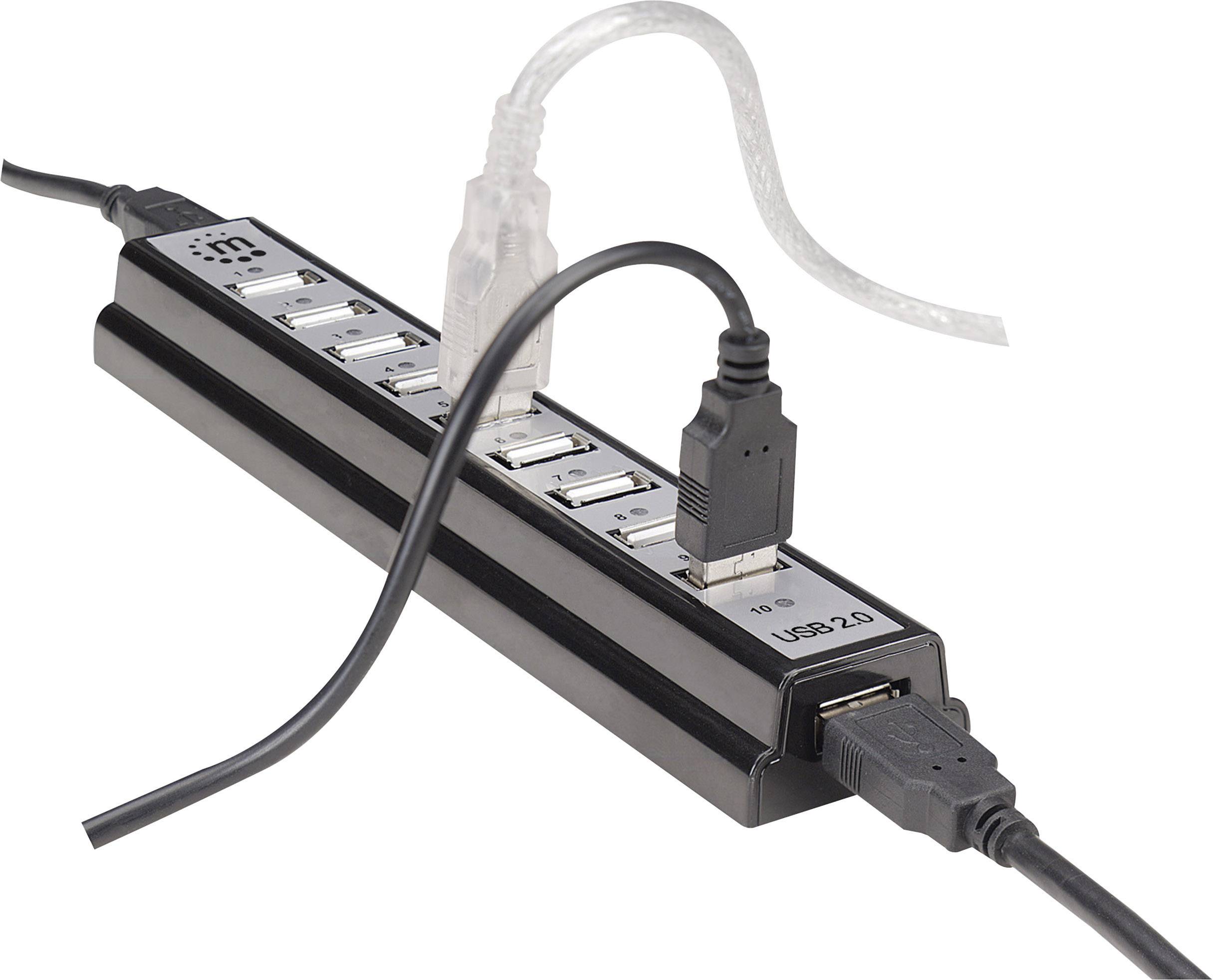 A USB hub with multiple ports, with two cables connected. The hub is labelled 'USB 2.0'.