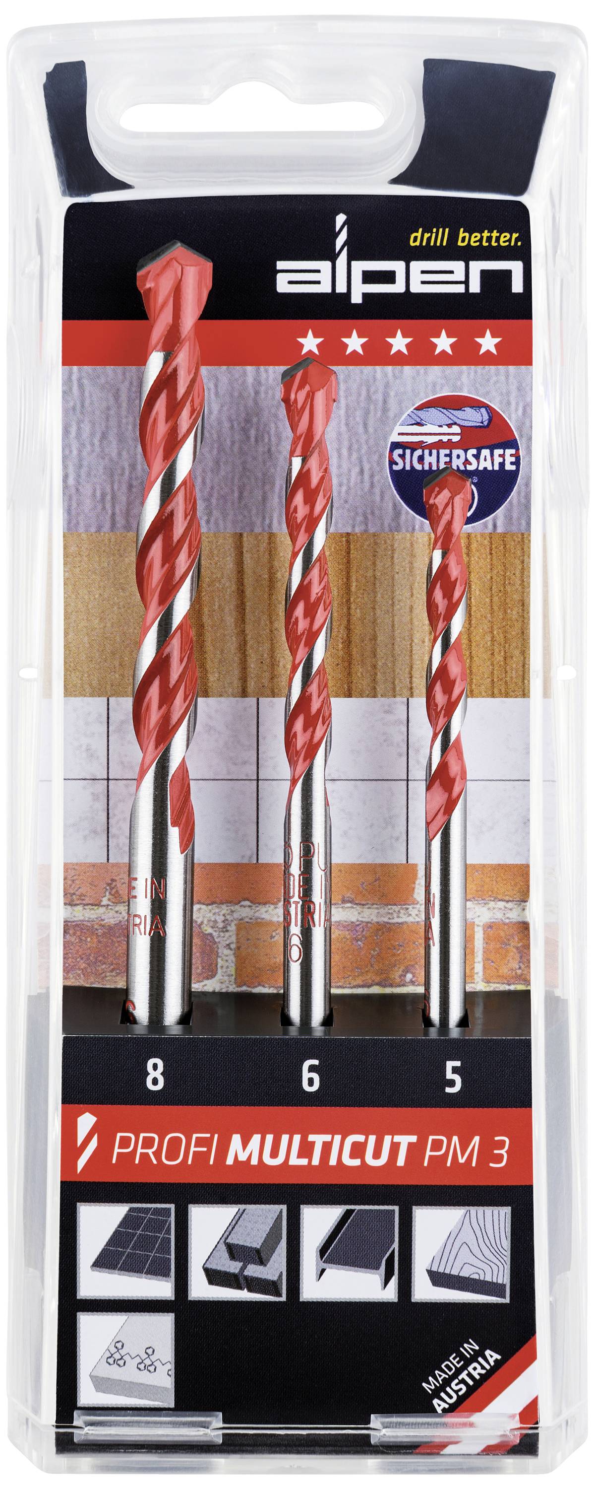 Alpen MultiCut 100703100 Carbide metal Multi-purpose drill bit set 3-piece 5 mm, 6 mm, 8 mm Cylinder shank 1 Set