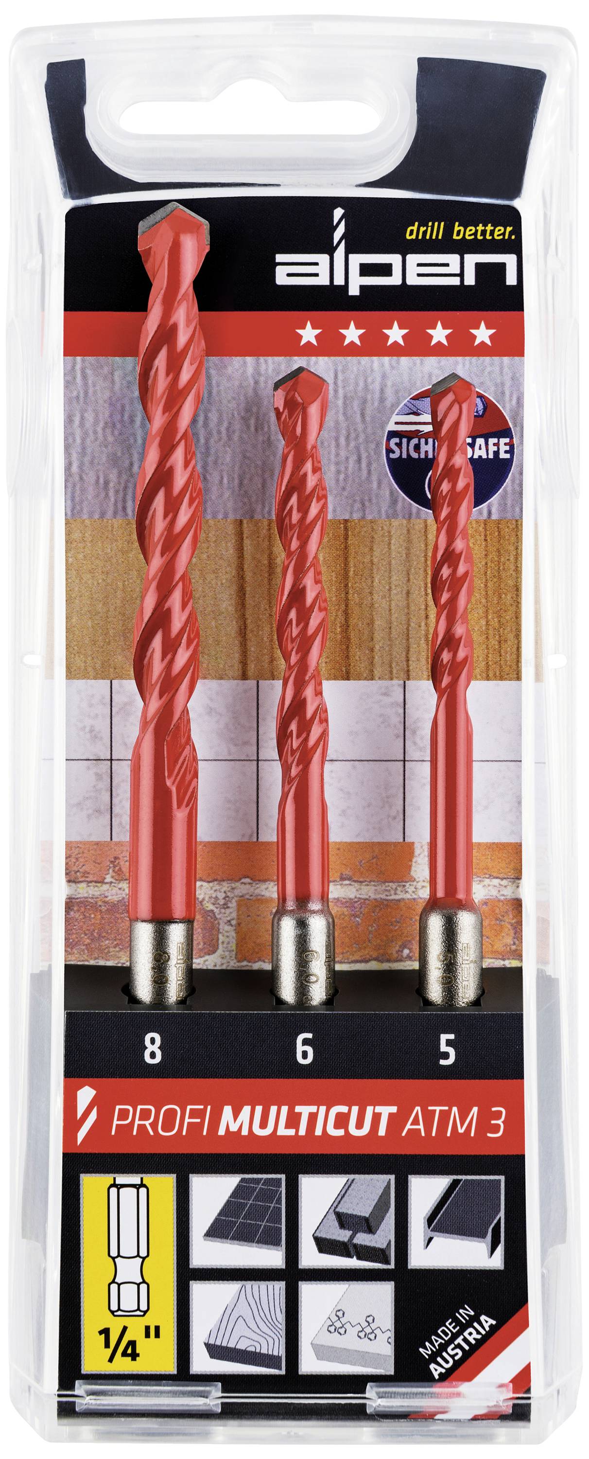 Alpen MultiCut 100803100 Carbide metal Multi-purpose drill bit set 3-piece 5 mm, 6 mm, 8 mm 1/4 (6.3 mm) 1 Set