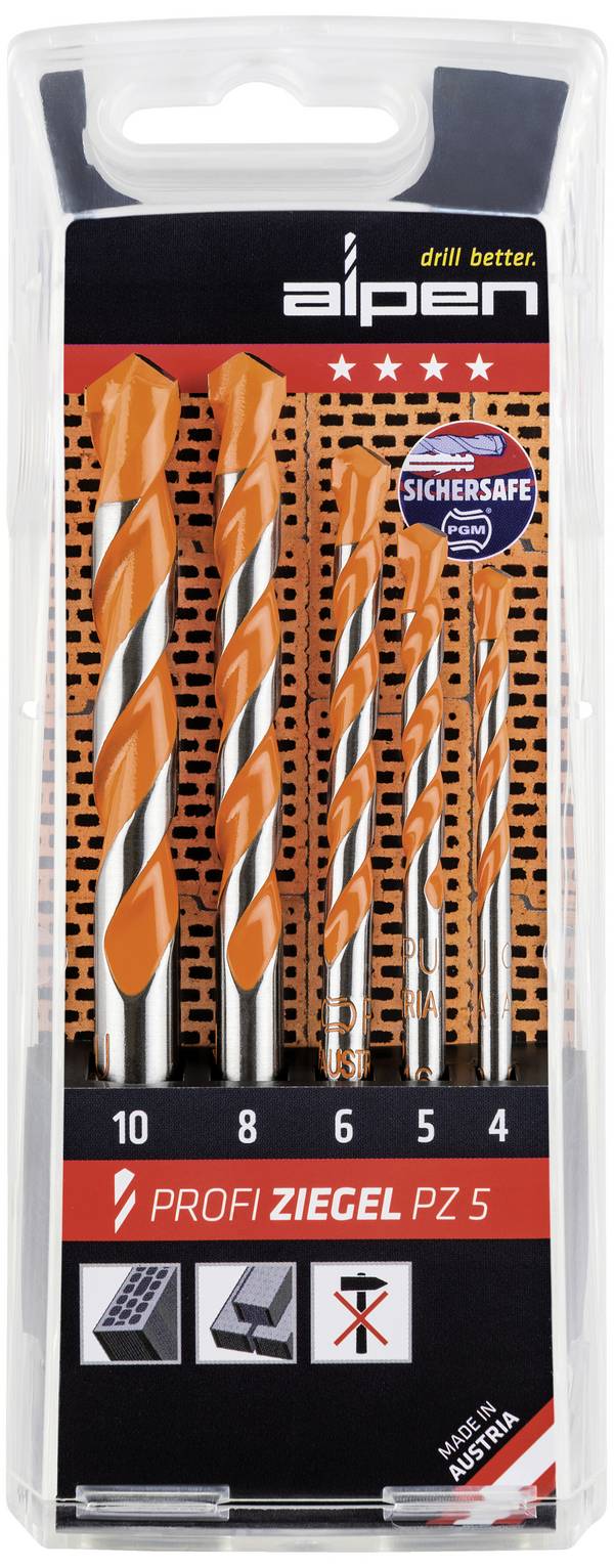 Alpen  200705100  Brickwork drill bit set 5-piece 4 mm, 5 mm, 6 mm, 8 mm, 10 mm  Cylinder shank 1 Set