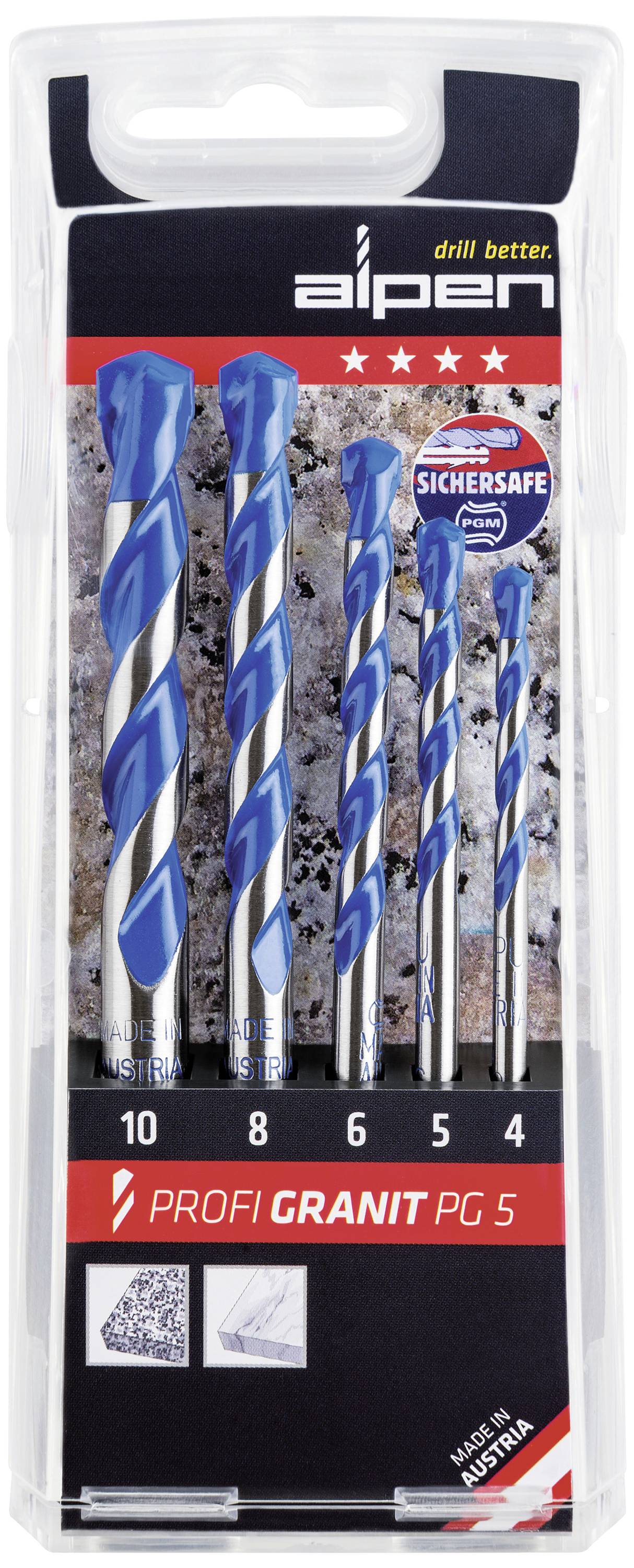 Alpen 25700005100 Granite drill bit set 5-piece 4 mm, 5 mm, 6 mm, 8 mm, 10 mm Cylinder shank 1 Set