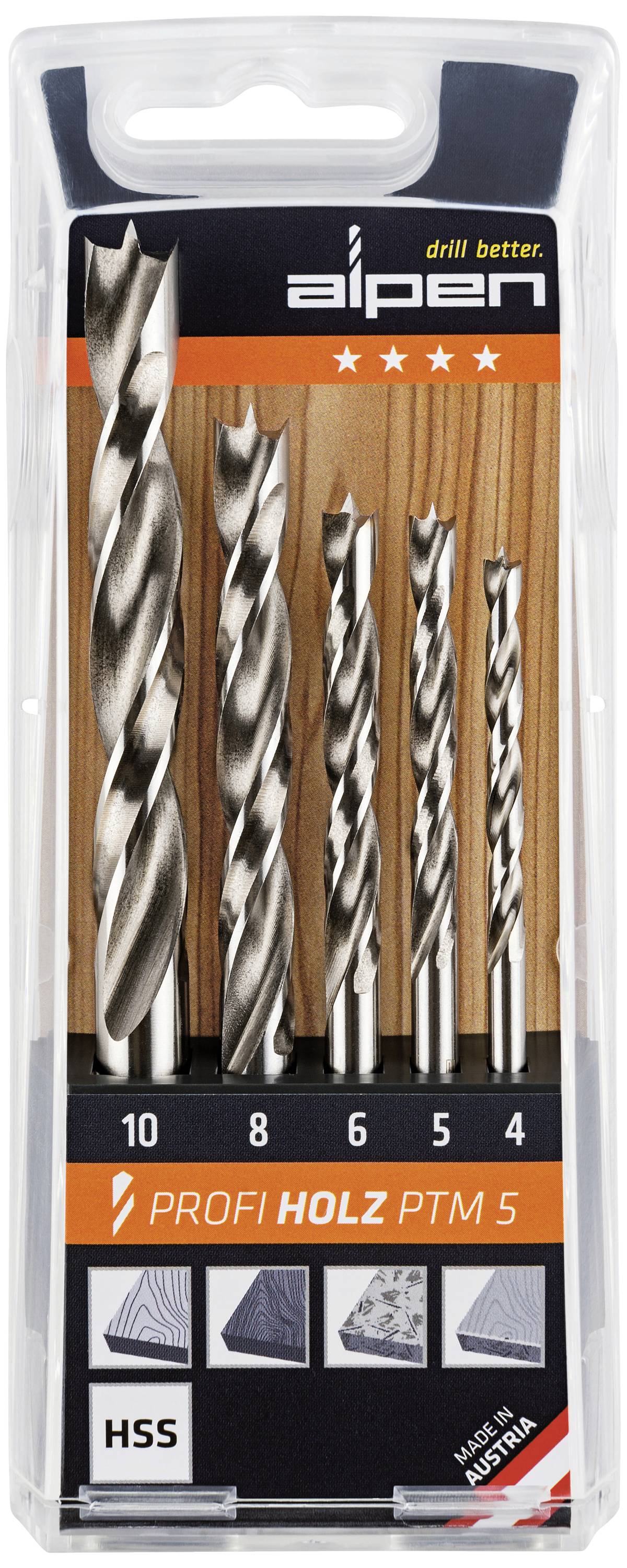 Alpen 600114100 Wood twist drill bit set 5-piece 4 mm, 5 mm, 6 mm, 8 mm, 10 mm Cylinder shank 1 Set