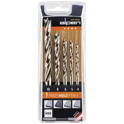 Set of five HSS drill bits in various sizes (10, 8, 6, 5, 4 mm) for wood. Packaging shows Alpen brand. Made in Austria.