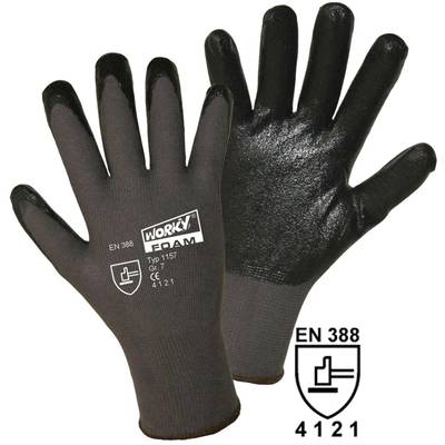 Two black work gloves with non-slip coating, marked with 'EN 388 4121', provide protection and grip.