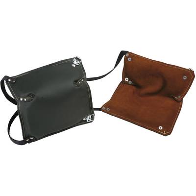Leather case with two sections, connected by a ribbon. One section is brown, the other black, with silver fastenings.