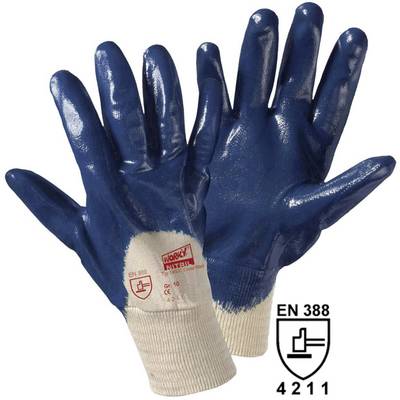 Blue nitrile work gloves with safety marking 'EN 388 4211' on the back of the hand. Suitable for protection at work.